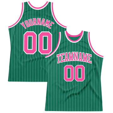 Custom Kelly Green White Pinstripe Pink Authentic Basketball Jersey