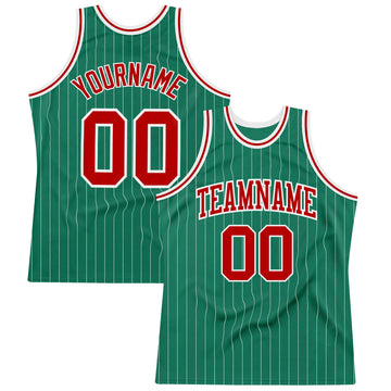 Custom Kelly Green White Pinstripe Red Authentic Basketball Jersey
