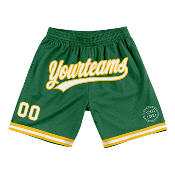 Custom Kelly Green White-Gold Authentic Throwback Basketball Shorts