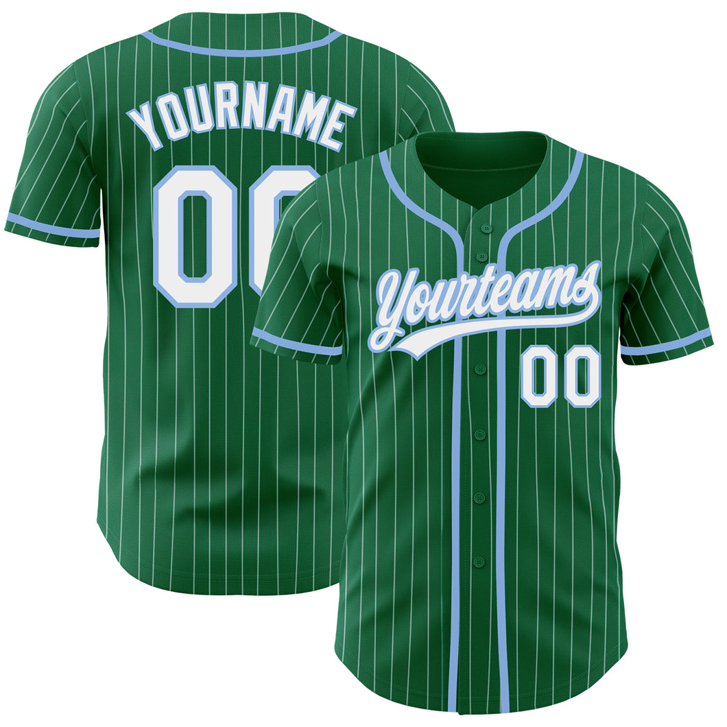 Custom Kelly Green White Pinstripe Light Blue Authentic Baseball Jersey