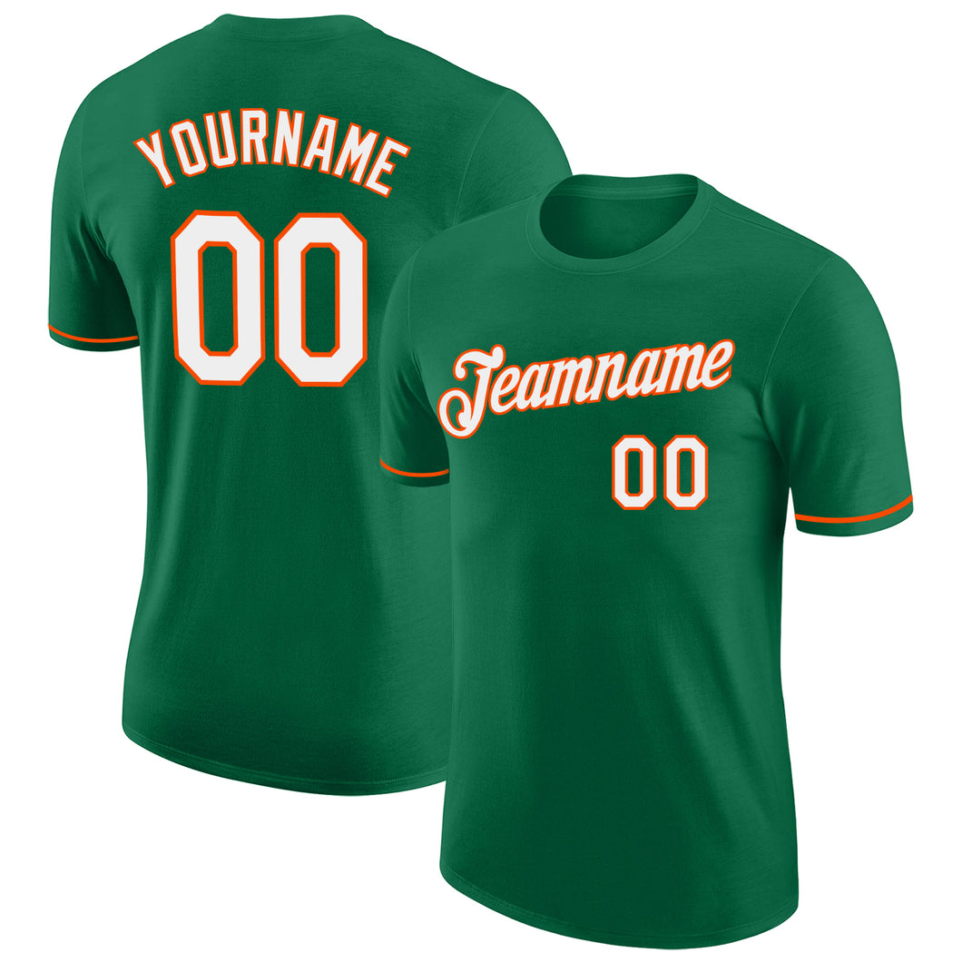 Custom Kelly Green White-Orange Performance T-Shirt