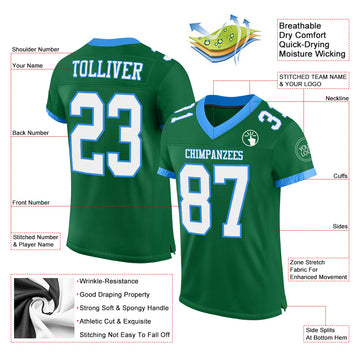 Custom Kelly Green White-Electric Blue Mesh Authentic Football Jersey