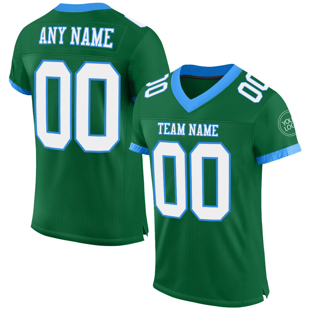 Custom Kelly Green White-Electric Blue Mesh Authentic Football Jersey