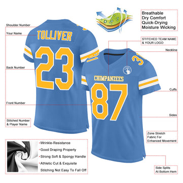 Custom Powder Blue Gold-White Mesh Authentic Football Jersey