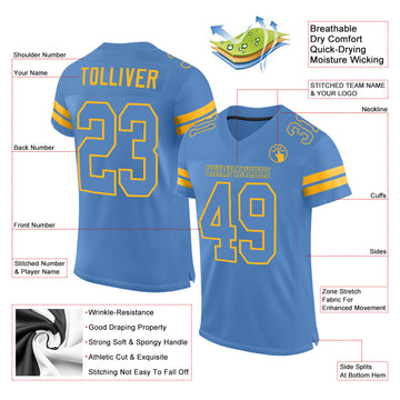 Custom Powder Blue Light Blue-Gold Mesh Authentic Football Jersey