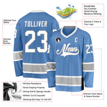 Custom Light Blue White-Gray Hockey Jersey