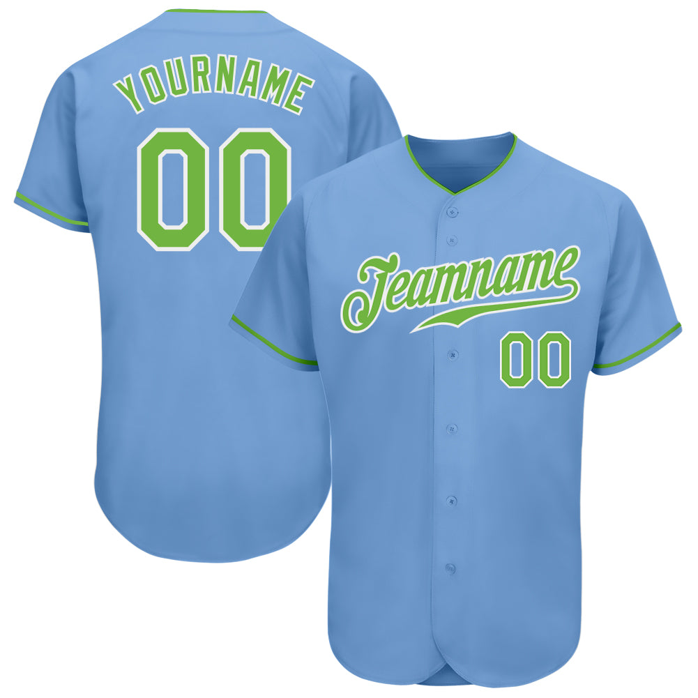 Custom Light Blue Neon Green-White Authentic Baseball Jersey Fast
