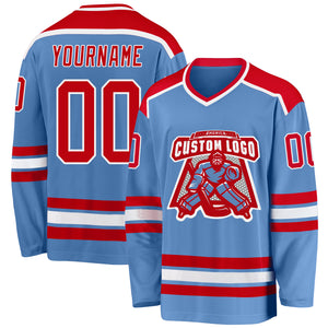 Custom Light Blue Red-White Hockey Jersey