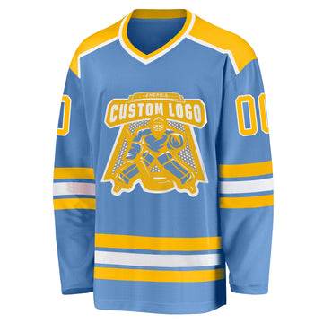 Custom Light Blue Gold-White Hockey Jersey