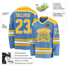 Load image into Gallery viewer, Custom Light Blue Gold-White Hockey Jersey
