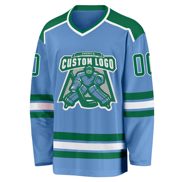Custom Light Blue Kelly Green-White Hockey Jersey