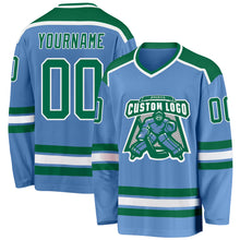 Load image into Gallery viewer, Custom Light Blue Kelly Green-White Hockey Jersey
