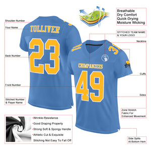 Custom Light Blue Gold-White Mesh Authentic Football Jersey