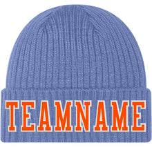 Load image into Gallery viewer, Custom Light Blue Orange-White Stitched Cuffed Knit Hat
