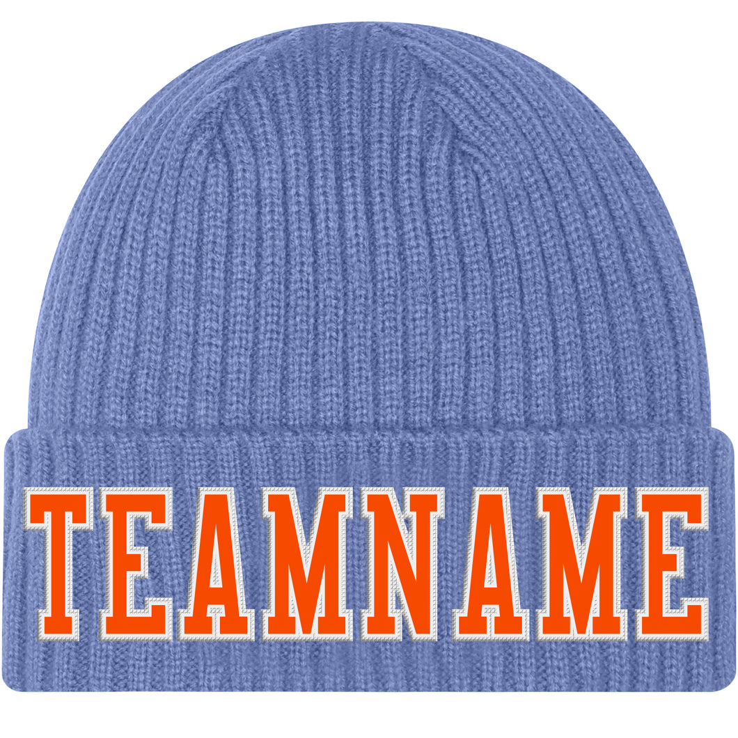 Custom Light Blue Orange-White Stitched Cuffed Knit Hat