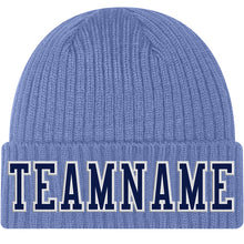 Load image into Gallery viewer, Custom Light Blue Navy-White Stitched Cuffed Knit Hat
