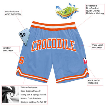 Custom Light Blue Orange-White Authentic Throwback Basketball Shorts