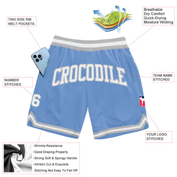 Custom Light Blue White-Gray Authentic Throwback Basketball Shorts