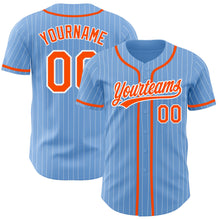 Load image into Gallery viewer, Custom Light Blue White Pinstripe Orange Authentic Baseball Jersey
