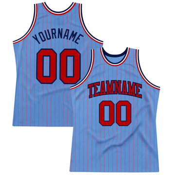 Custom Light Blue Red Pinstripe Red-Navy Authentic Basketball Jersey
