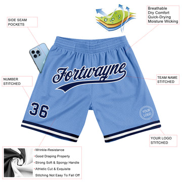 Custom Light Blue Navy-White Authentic Throwback Basketball Shorts