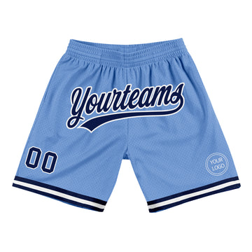 Custom Light Blue Navy-White Authentic Throwback Basketball Shorts