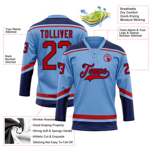 Custom Light Blue Red-Navy Hockey Lace Neck Jersey