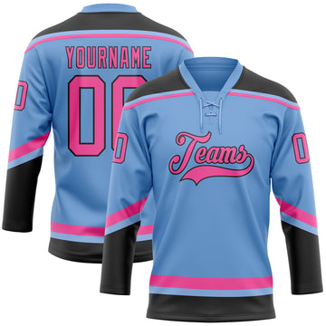 Custom Light Blue Pink-Black Hockey Lace Neck Jersey