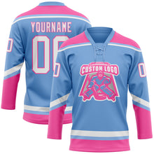 Load image into Gallery viewer, Custom Light Blue White-Pink Hockey Lace Neck Jersey
