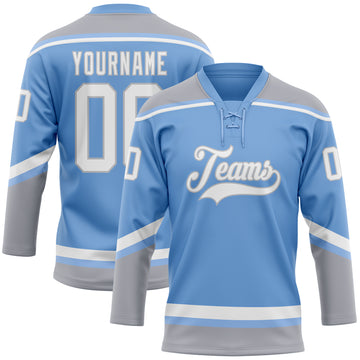 Custom Light Blue White-Gray Hockey Lace Neck Jersey