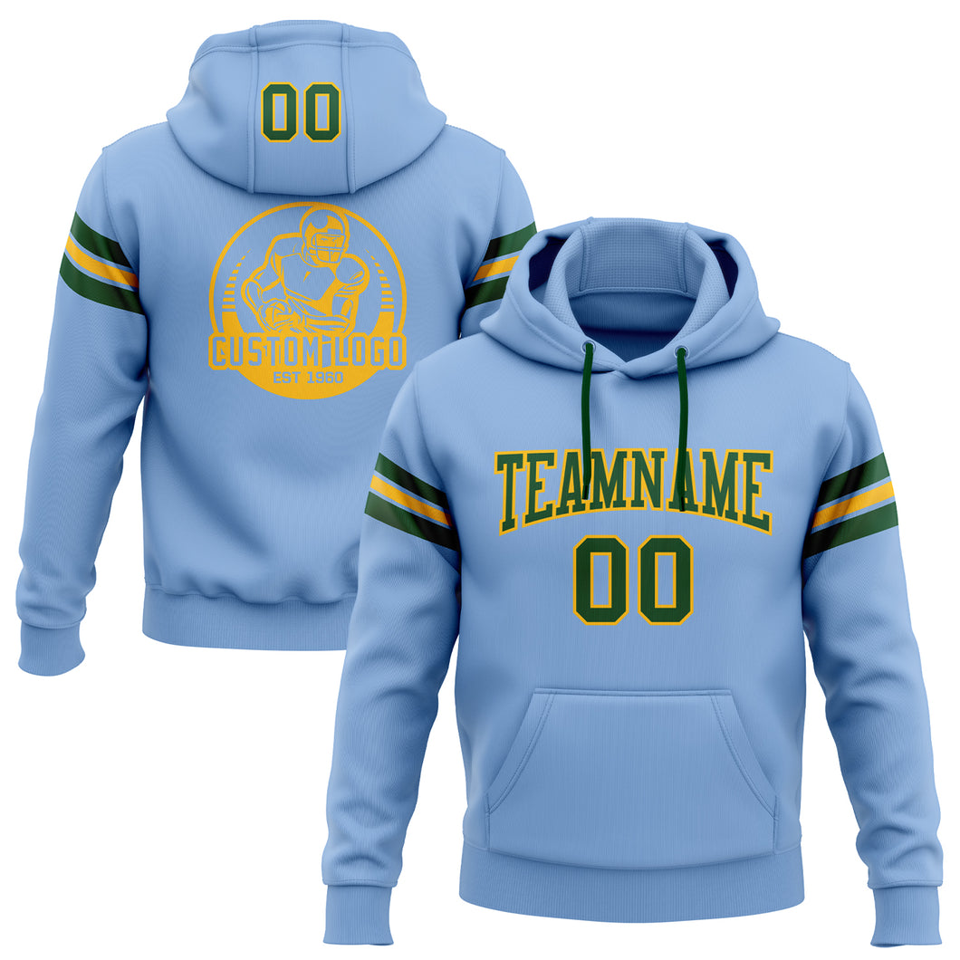 Custom Stitched Light Blue Green-Gold Football Pullover Sweatshirt Hoodie