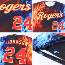 Load image into Gallery viewer, Custom Black Red Gold Royal-Light Blue Flame 3D Pattern Long Sleeve Performance T-Shirt
