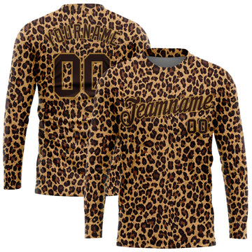 Custom Brown Brown-Old Gold Leopard 3D Pattern Long Sleeve Performance T-Shirt
