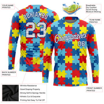 Custom Colorful White-Royal Autism Awareness Puzzle Pieces 3D Pattern Long Sleeve Performance T-Shirt