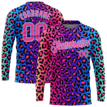 Load image into Gallery viewer, Custom Purple Pink-Light Blue Leopard 3D Pattern Long Sleeve Performance T-Shirt
