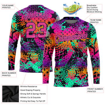 Custom Graffiti Pattern Pink-Purple Bright Neon Colors 3D Long Sleeve Performance T-Shirt