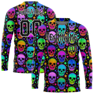 Custom 3D Pattern Bright Multicolored Halloween Skulls Long Sleeve Performance T-Shirt