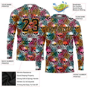 Custom 3D Pattern Halloween Skulls Long Sleeve Performance T-Shirt