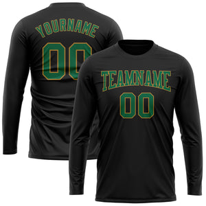 Custom Black Kelly Green-Old Gold Long Sleeve Performance T-Shirt