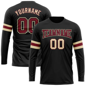 Custom Black Crimson-Cream Long Sleeve Performance T-Shirt