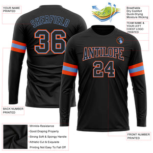 Custom Black Black Powder Blue-Orange Long Sleeve Performance T-Shirt