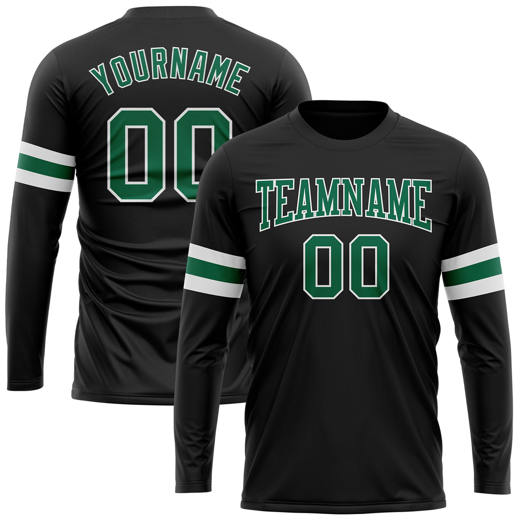 Custom Black Kelly Green-White Long Sleeve Performance T-Shirt