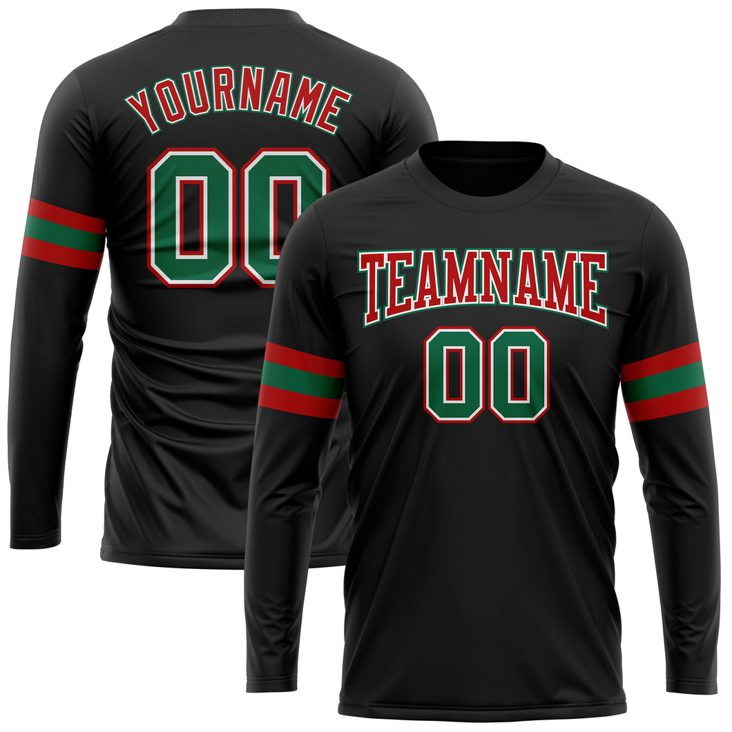 Custom Black Kelly Green Red-White Long Sleeve Performance T-Shirt