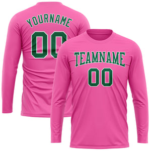 Custom Pink Kelly Green-White Long Sleeve Performance T-Shirt