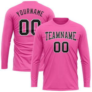 Custom Pink Black-White Long Sleeve Performance T-Shirt