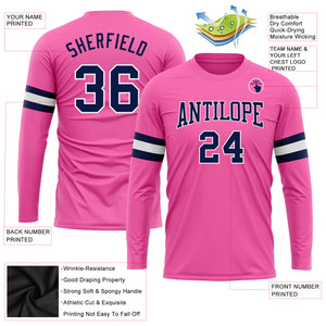 Custom Pink Navy-White Long Sleeve Performance T-Shirt