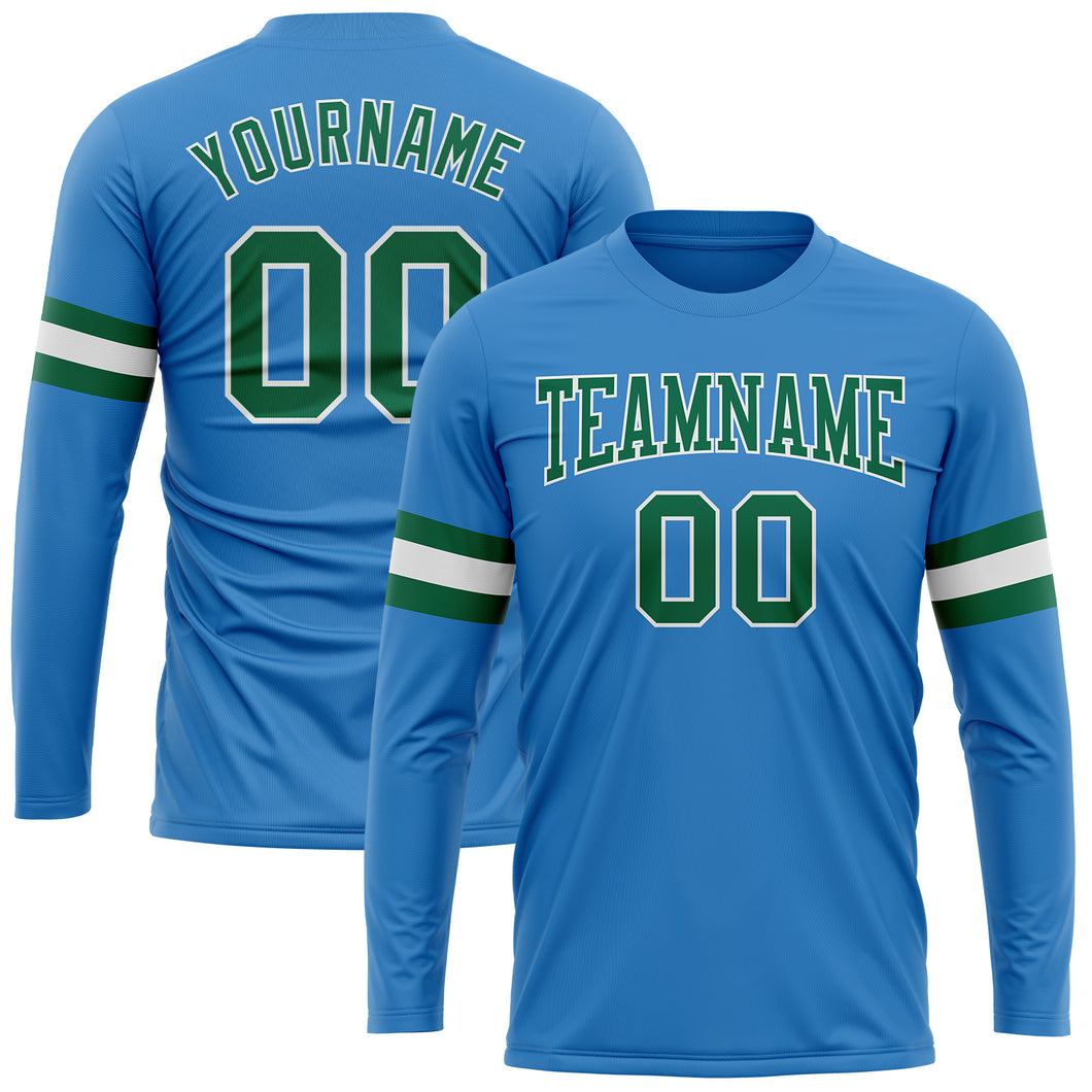 Custom Powder Blue Kelly Green-White Long Sleeve Performance T-Shirt