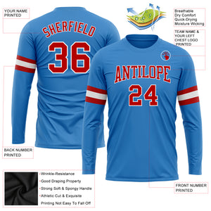 Custom Powder Blue Red-White Long Sleeve Performance T-Shirt