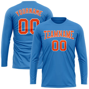 Custom Powder Blue Orange-White Long Sleeve Performance T-Shirt