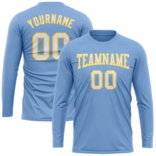 Load image into Gallery viewer, Custom Light Blue White-Gold Long Sleeve Performance T-Shirt
